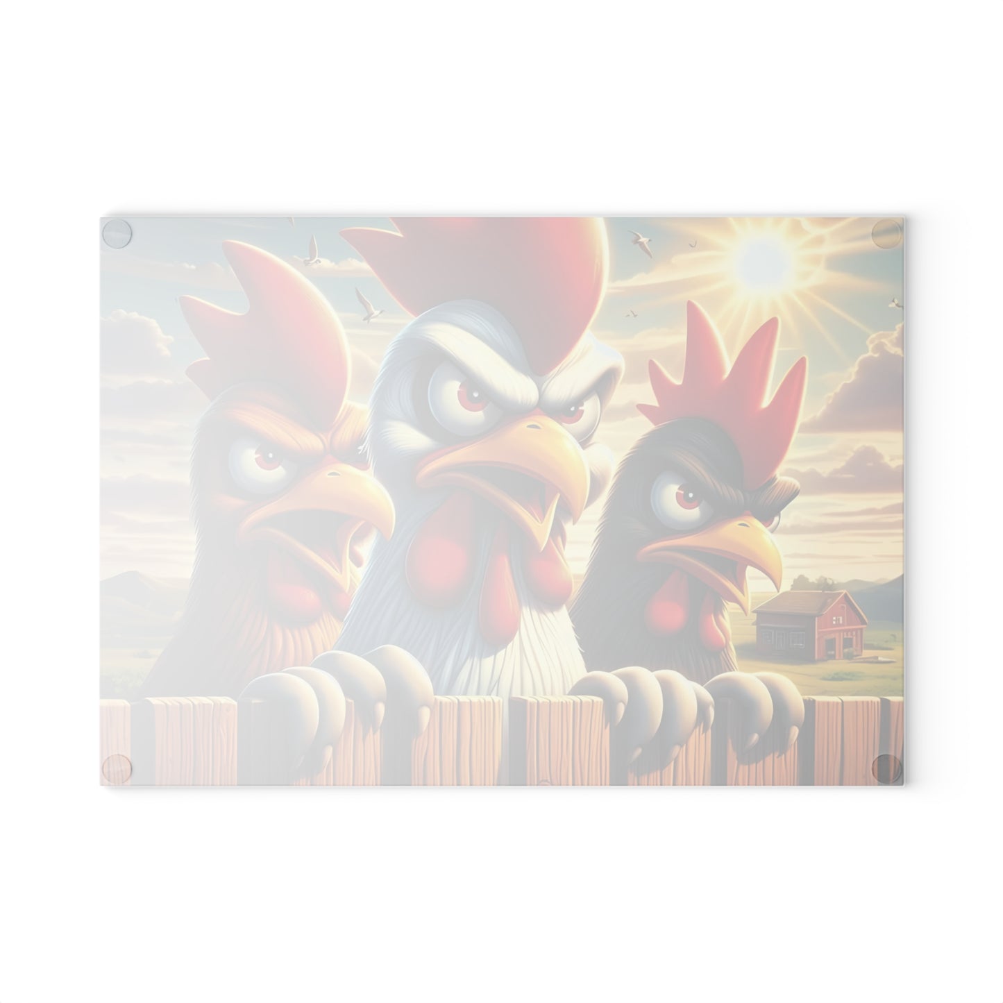 🐔 Three Angry Chickens Glass Cutting Board – Funny Farmhouse Kitchen Decor