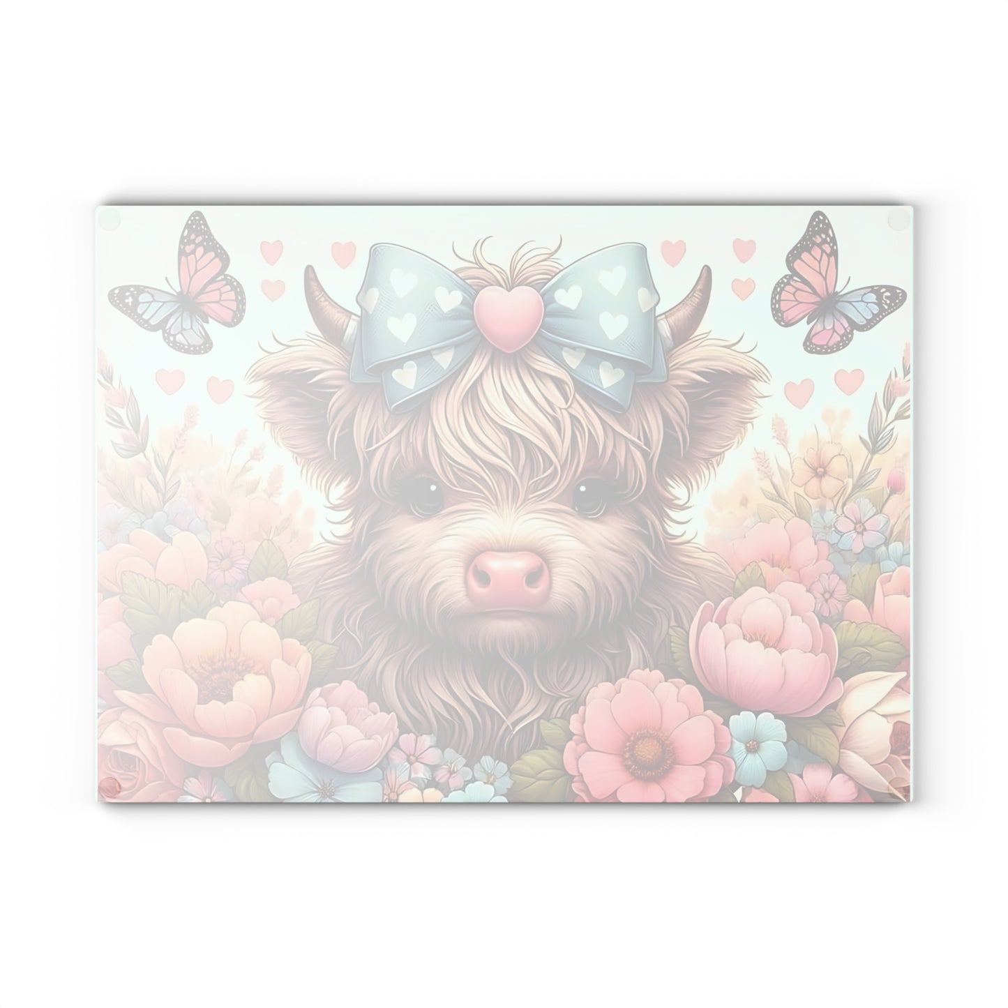 Highland Cow Glass Cutting Board with Bow, Flowers & Butterflies