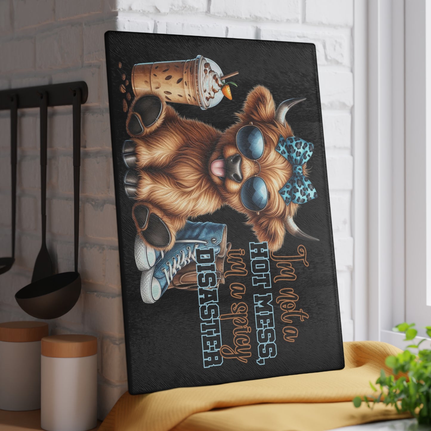 "I'm Not a Hot Mess; I'm a Spicy Disaster" – Highland Cow Glass Cutting Board