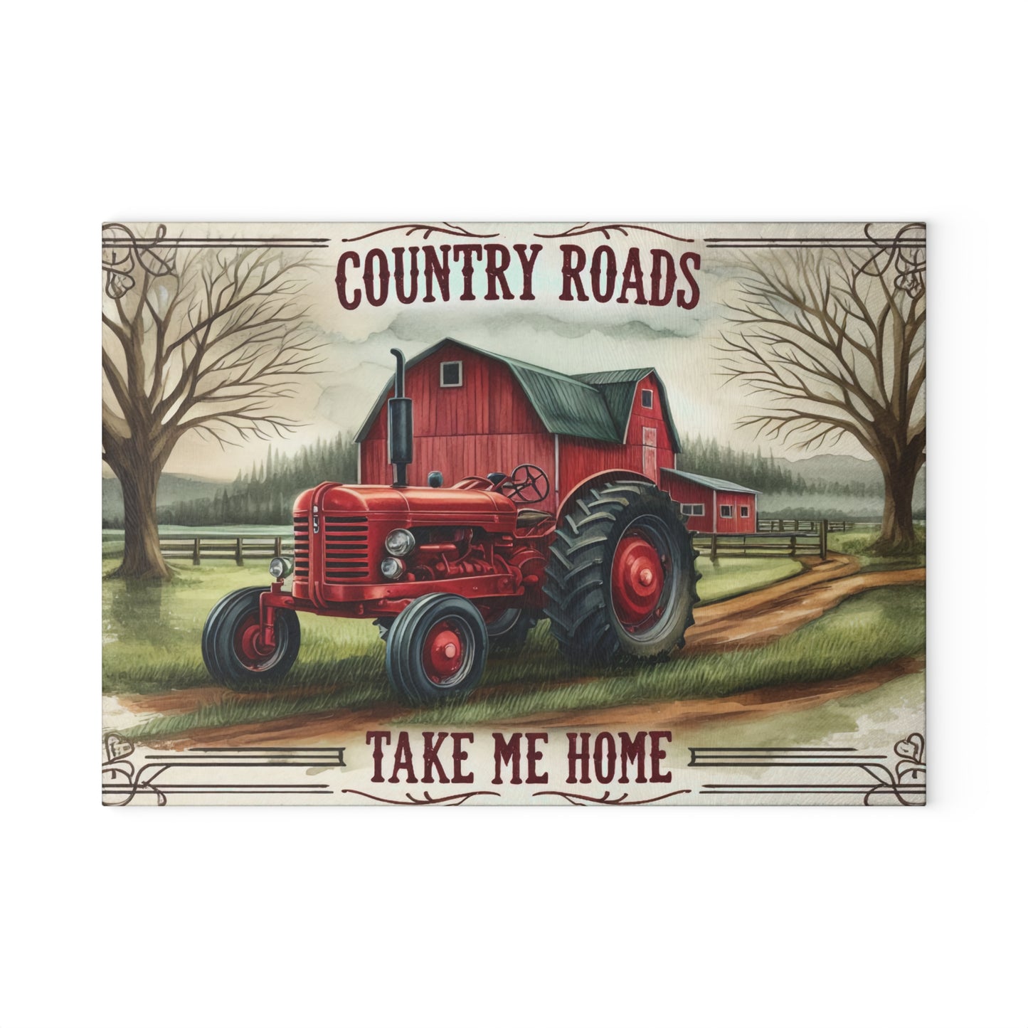 🚜🌾 Country Roads Tractor Glass Cutting Board – Rustic Farmhouse Charm for Your Kitchen 🌾🚜