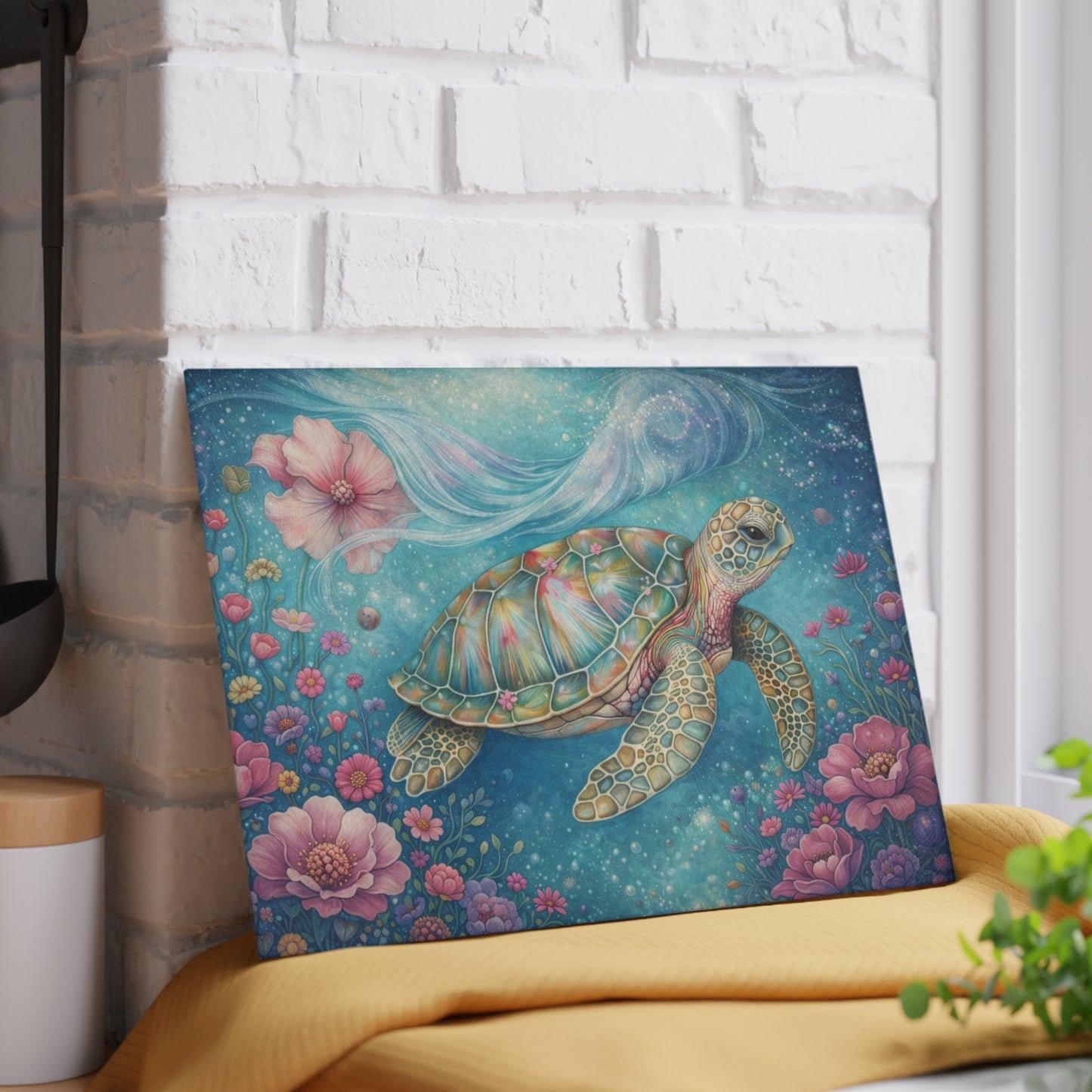 Floral Sea Turtle Glass Cutting Board – Dreamy Ocean Garden with Soft Pastel Blooms