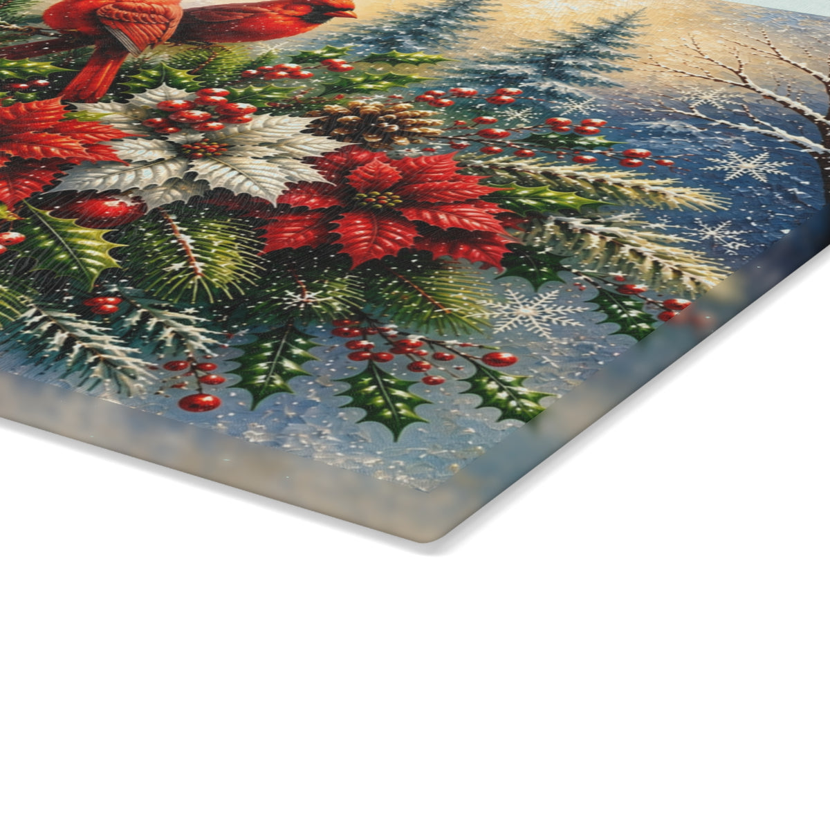 Christmas Cardinals & Poinsettias Glass Cutting Board – Winter Holiday Kitchen Decor