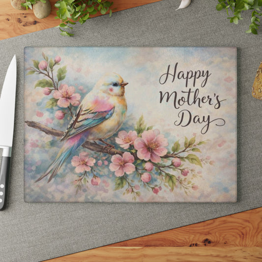 Happy Mother’s Day Bird & Cherry Blossom Glass Cutting Board – Soft Spring Floral Kitchen Accent
