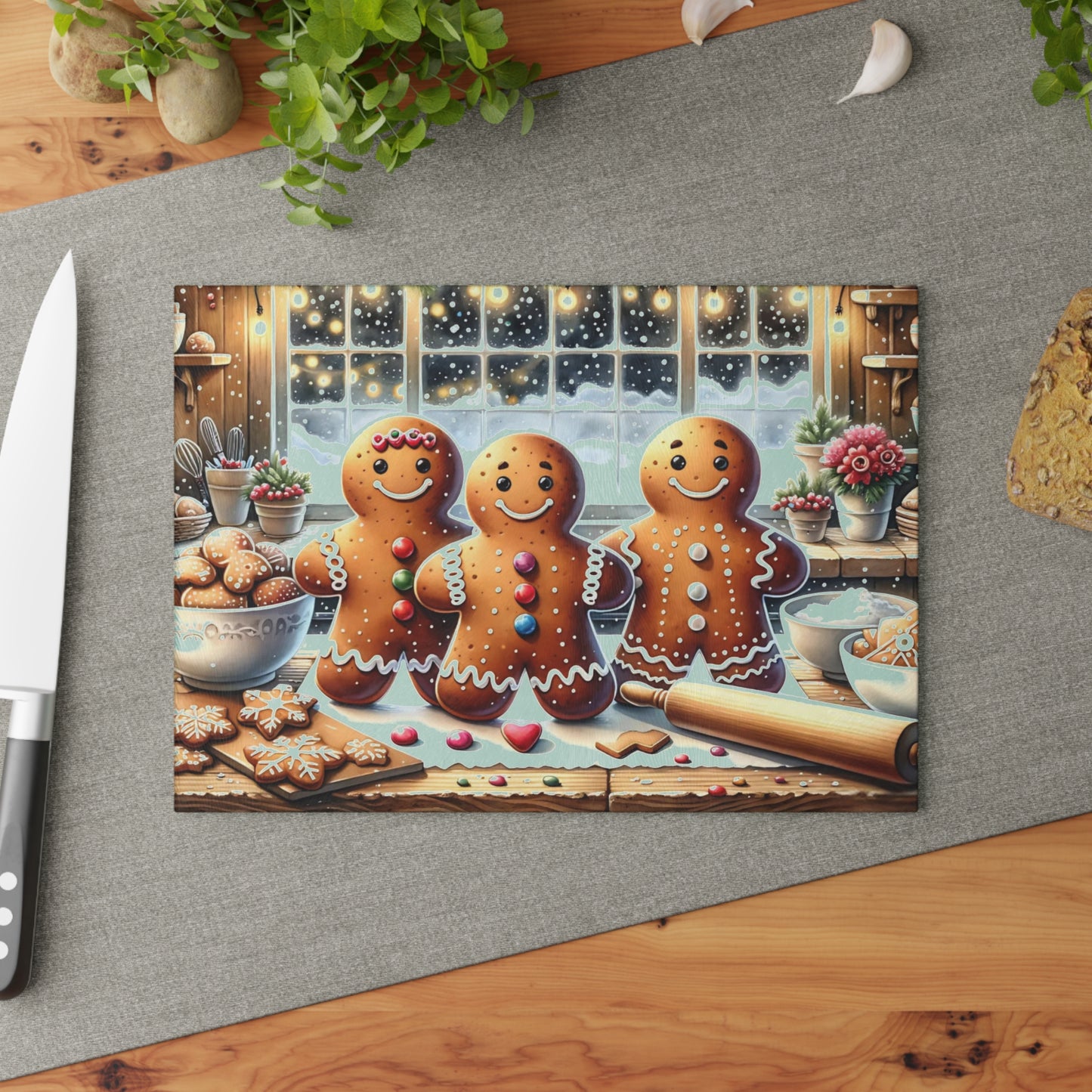 🍪❄️ “Gingerbread Bake Squad” Glass Cutting Board – Cozy Holiday Cheer for Your Kitchen