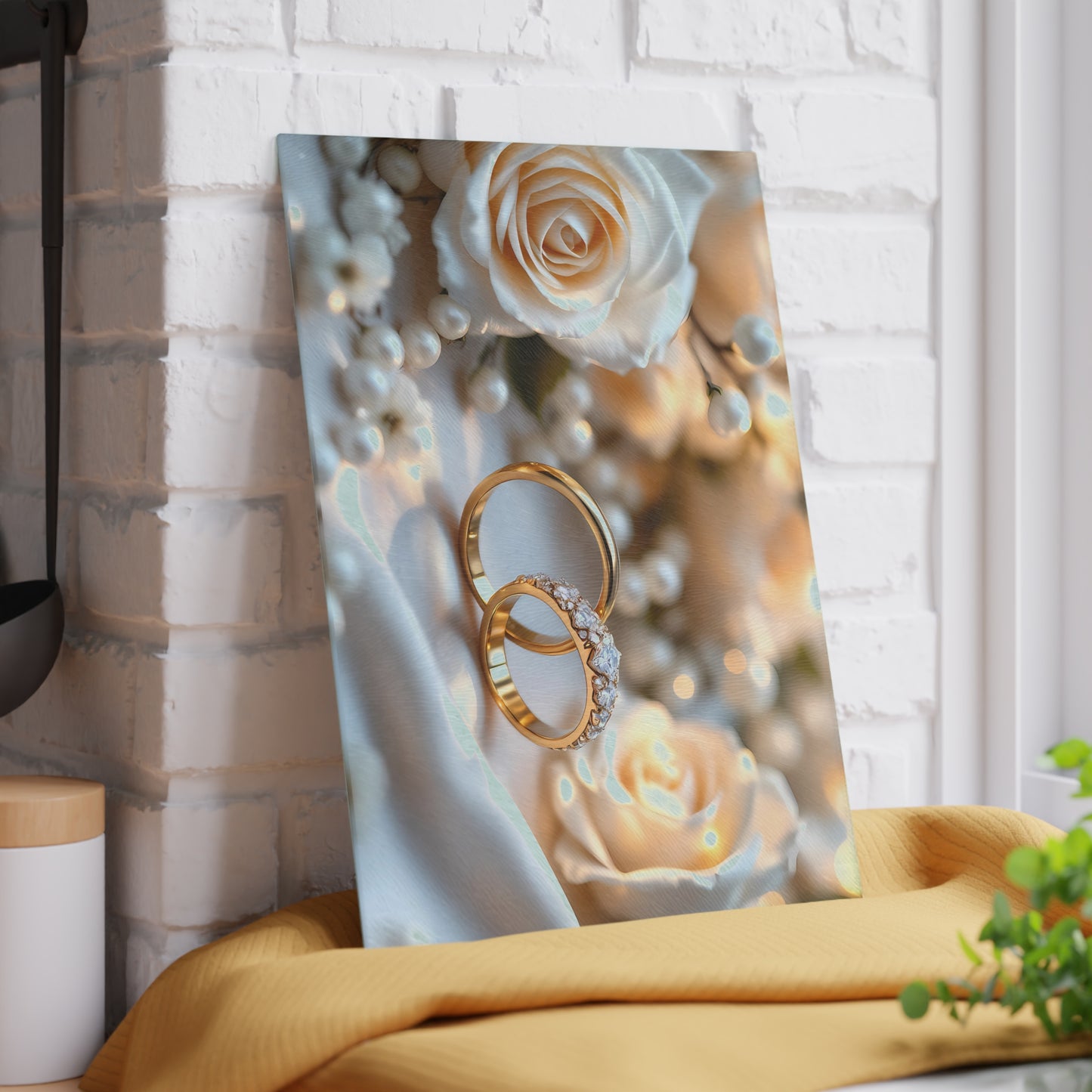 💒 White Rose & Gold Rings Cutting Board – Timeless Elegance for Weddings & Love