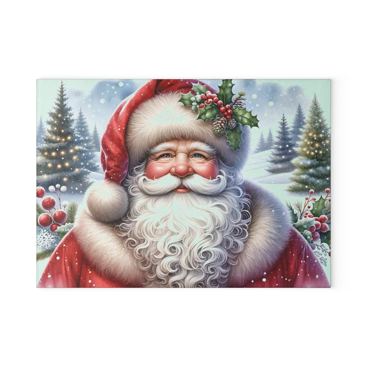 🎅✨ “Jolly Santa in the Pines” Glass Cutting Board – Cozy Charm for Your Kitchen