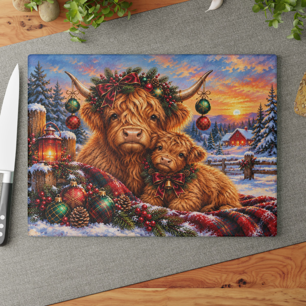 Christmas Highland Cow and Baby Calf Tempered Glass Cutting Board – Festive Farmhouse Winter Art – 11 × 15 Inches