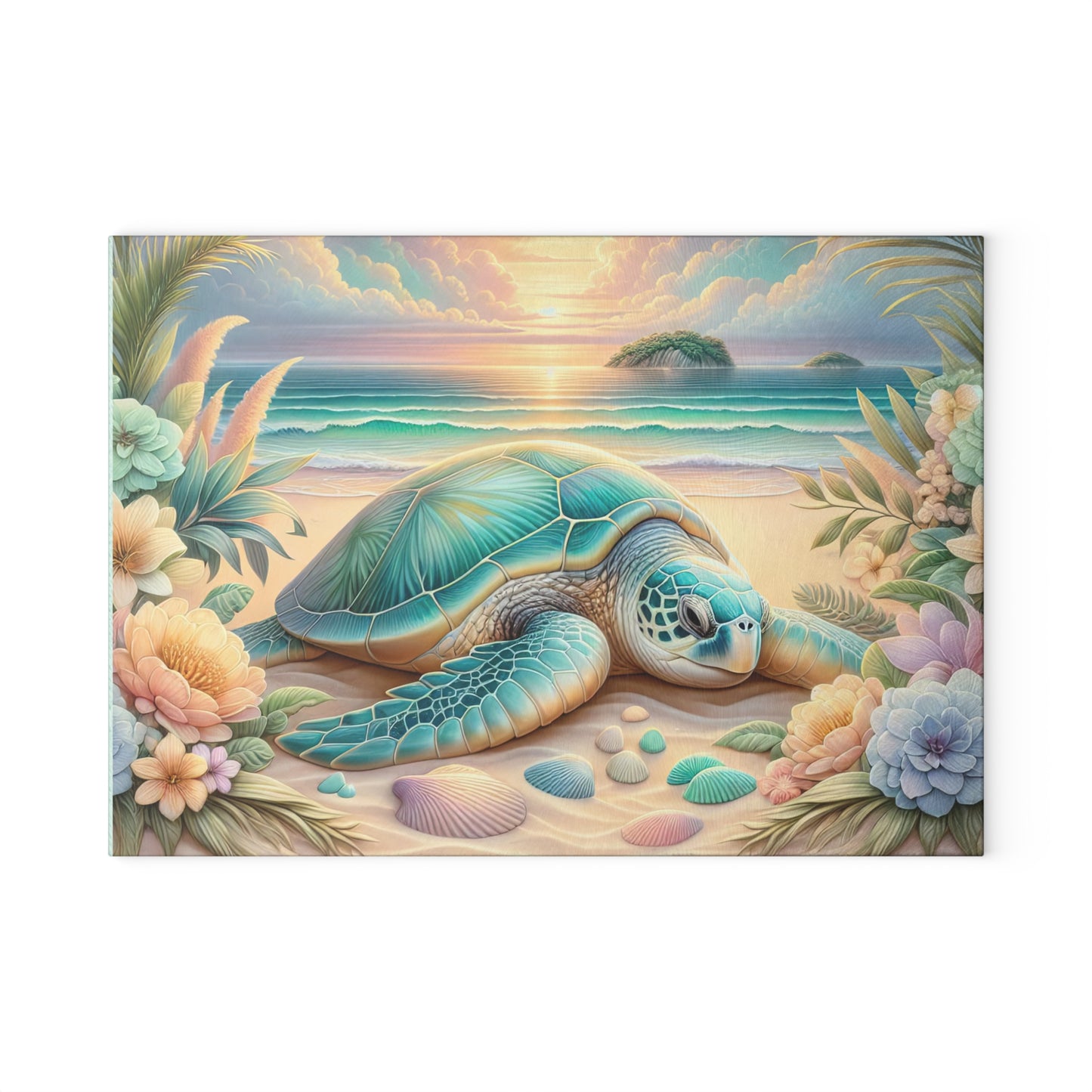 Peaceful Ocean Escape Sea Turtle Glass Cutting Board – Floral Beach Serenity Artwork
