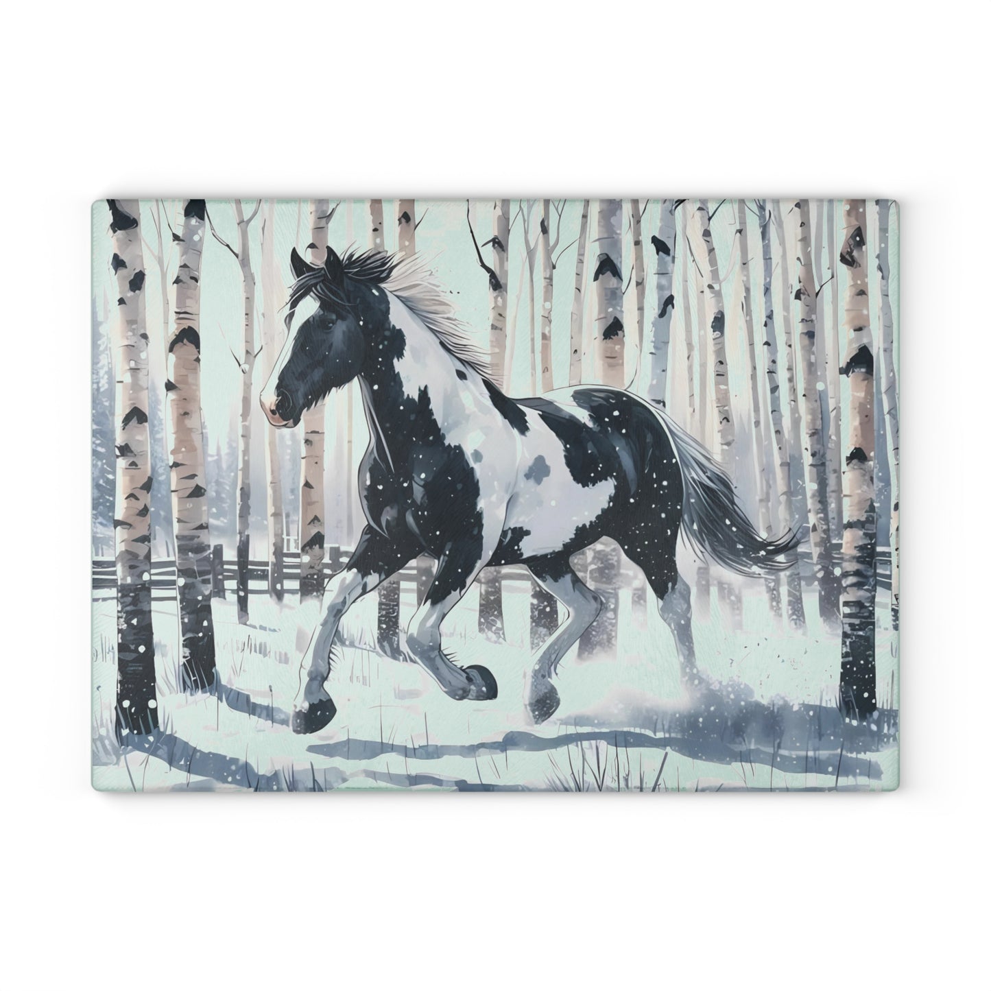 ❄️ Snowy Gallop Cutting Board – Majestic Horse in Birch Forest Winter Scene
