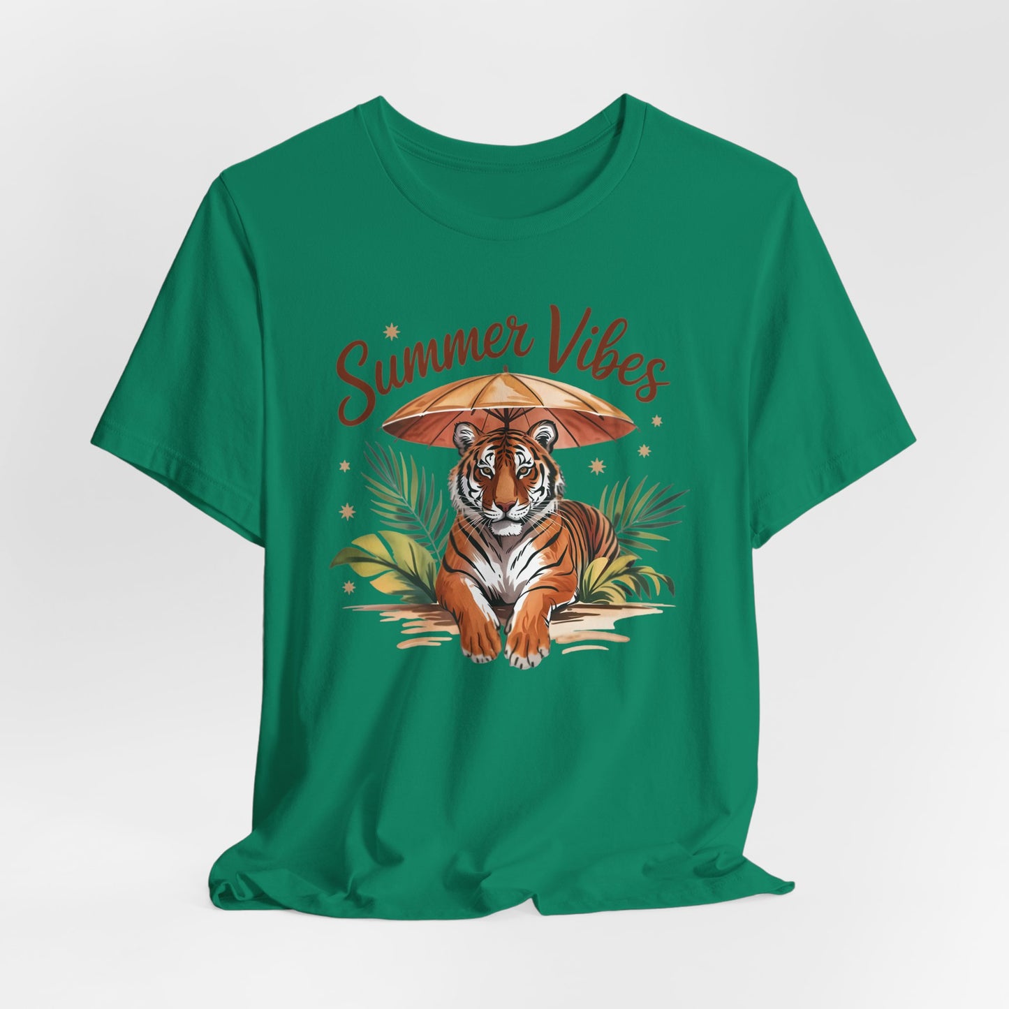 Camiseta Summer Vibes Tiger – Gráfico de palmeras de la selva con paraguas | Múltiples opciones de color