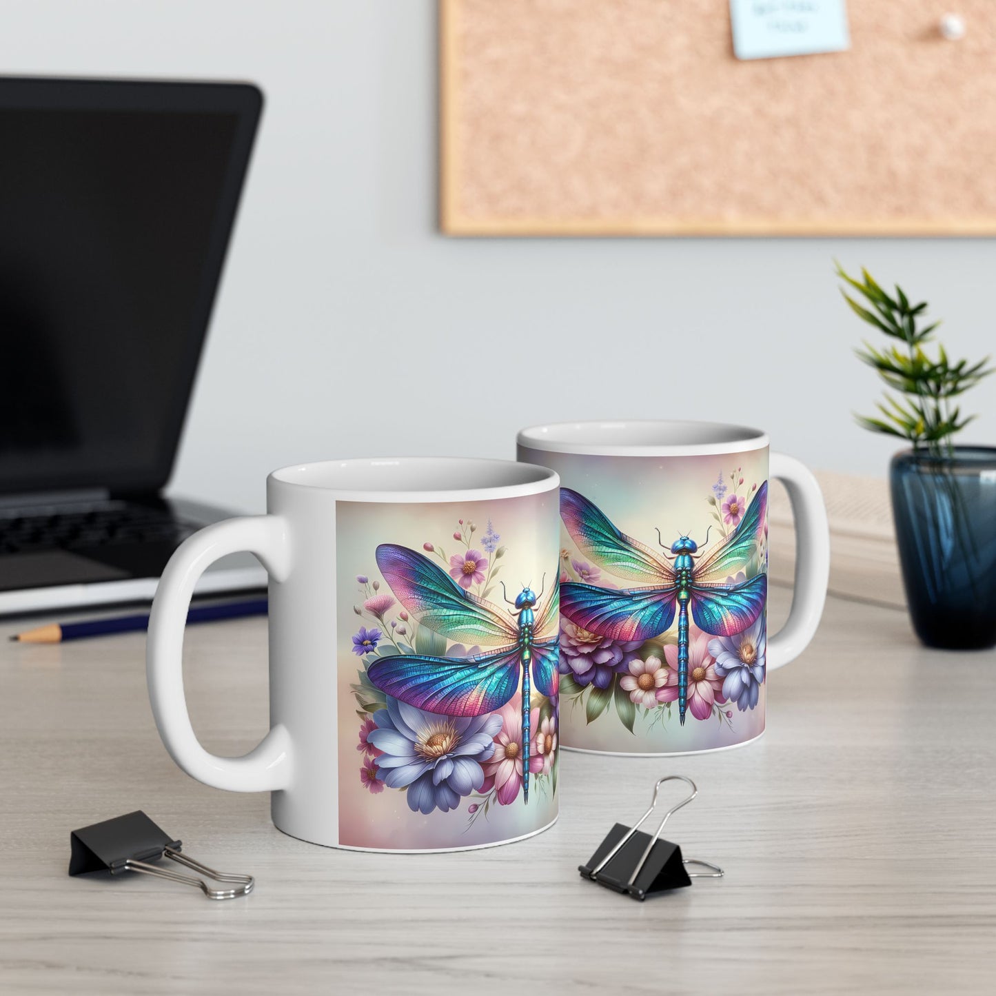 🌸 Vivid Garden Bloom – Envoltorio para taza de café con libélula arcoíris ☕