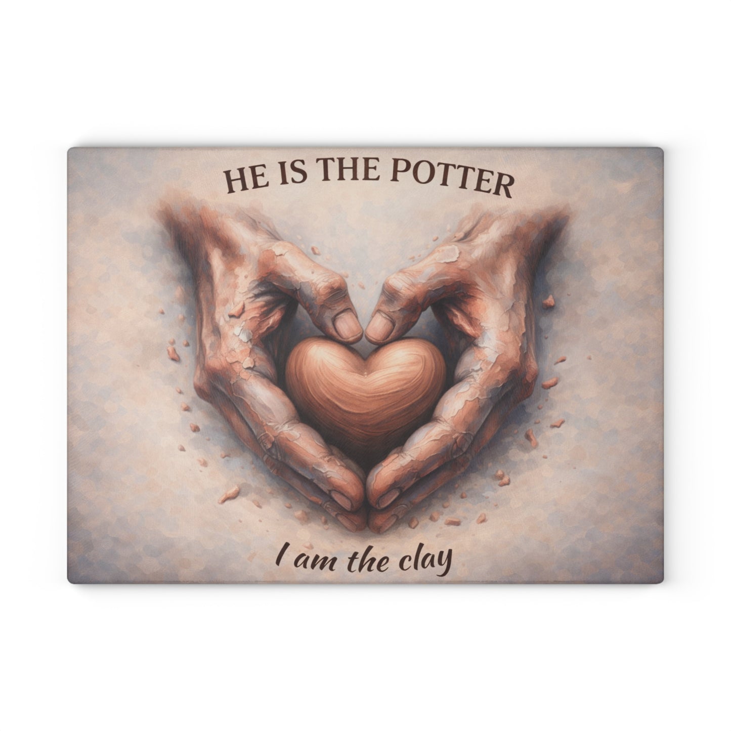 He Is the Potter, I Am the Clay Glass Cutting Board – Faith-Inspired Hands Forming Heart Design