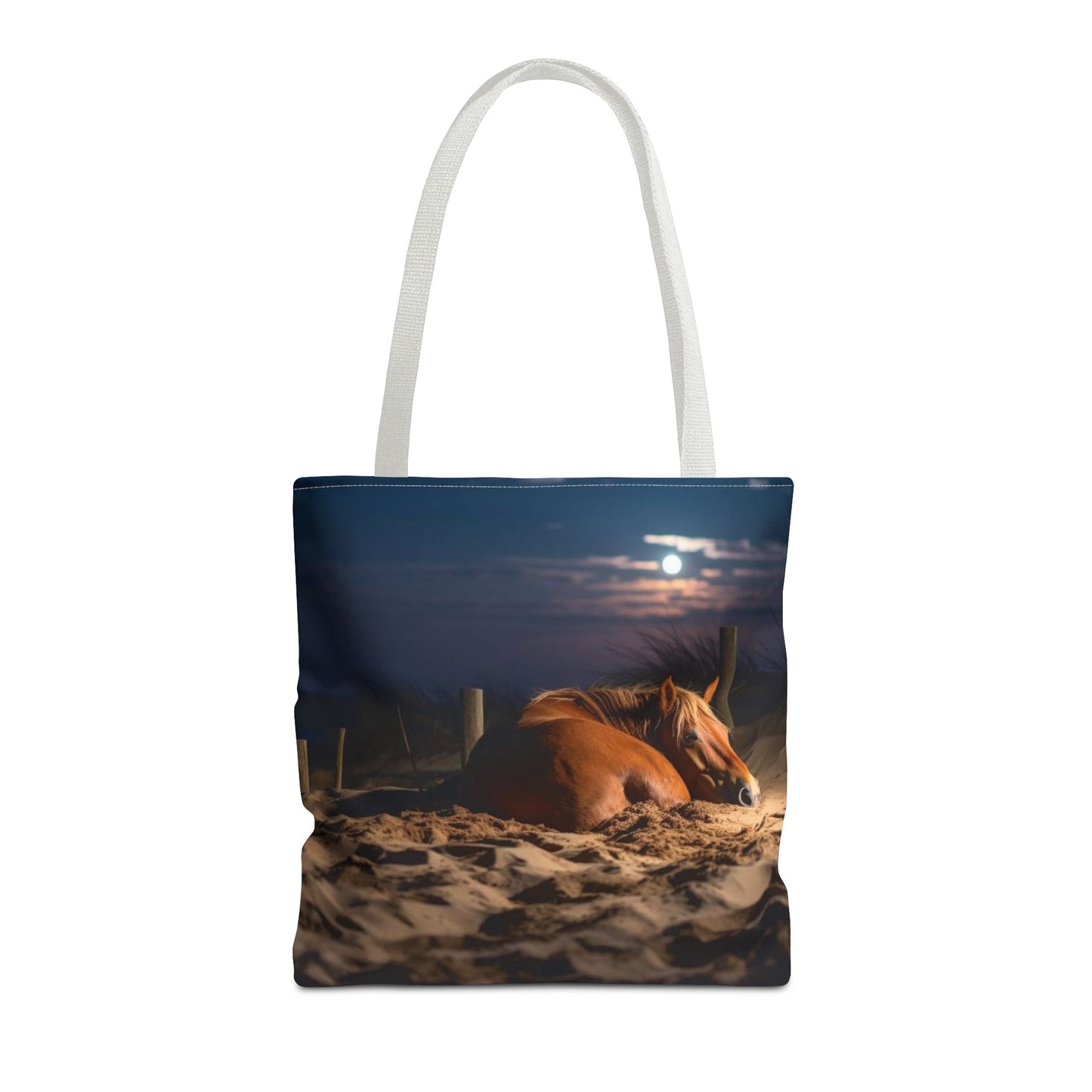 Bolsa de tela "Caballo durmiendo en la playa bajo la luz de la luna": una escapada serena a cada paso