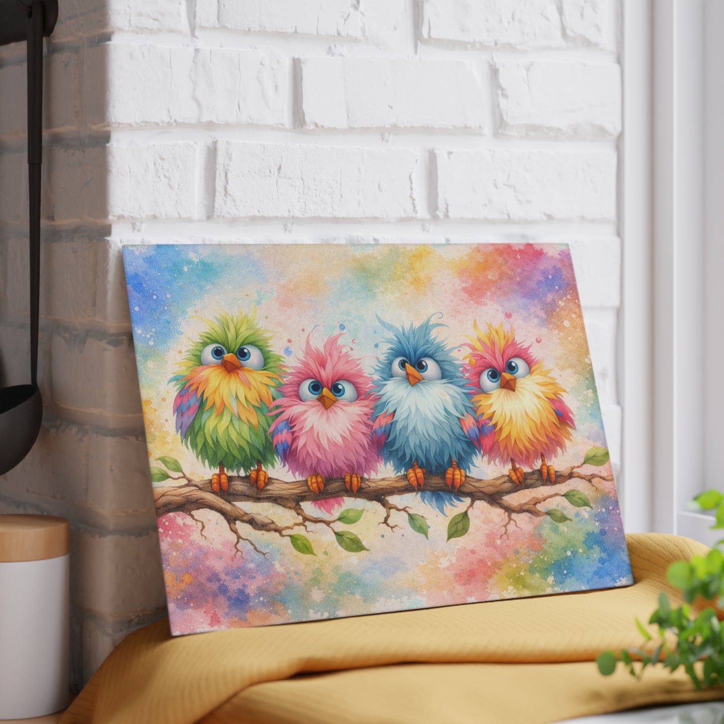 Colorful Birds on a Branch Glass Cutting Board – Whimsical Farmhouse Kitchen Decor with Bright Watercolor Style