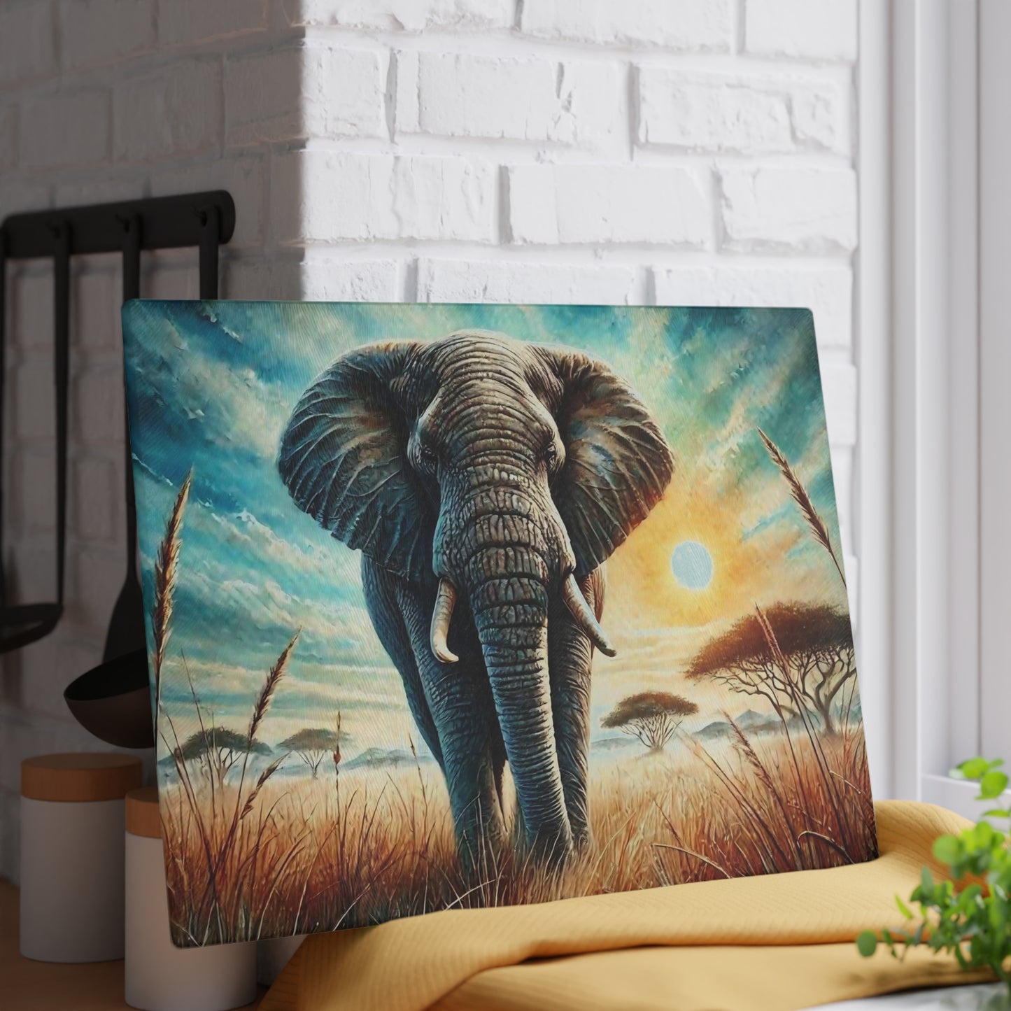 🐘 Majestic Elephant Sunset – Tempered Glass Cutting Board