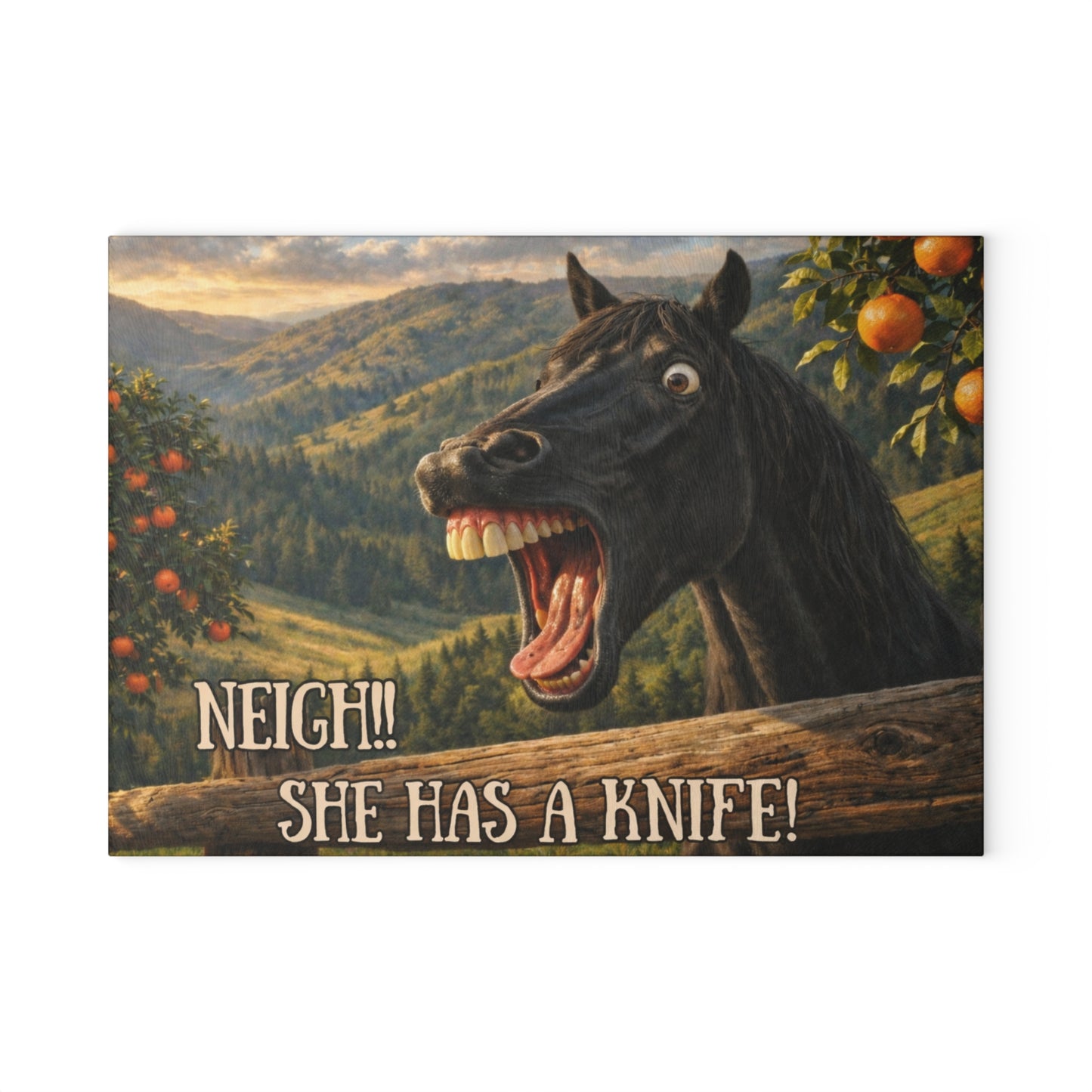 Funny Horse Neigh She Has a Knife Glass Cutting Board – Humorous Farmhouse Horse Lover Kitchen Decor