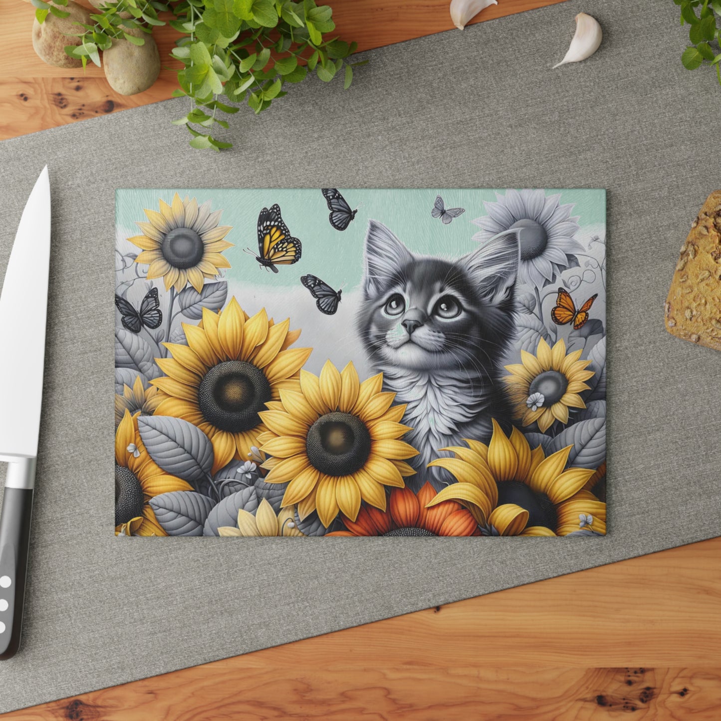 🐾🌻 Kitten & Sunflowers Cutting Board – Whimsical Rustic Farmhouse Charm with Butterflies ✨🐈🦋