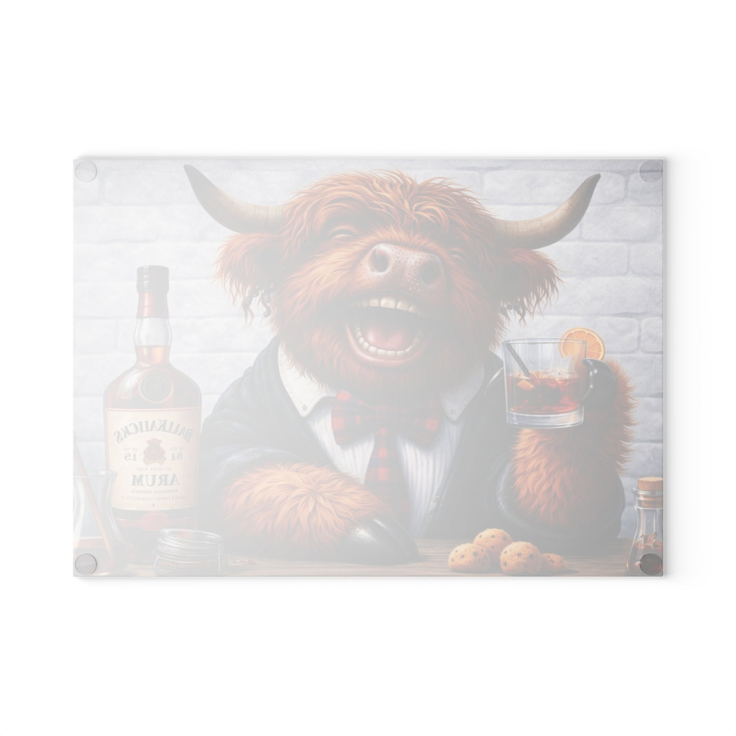 Smiling Highland Cow Whiskey Glass Cutting Board – Playful Farm Bar Art with Rustic Humor