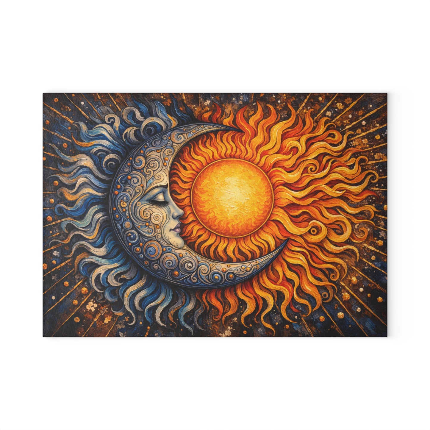 Celestial Sun and Moon Glass Cutting Board – Cosmic Balance Artwork