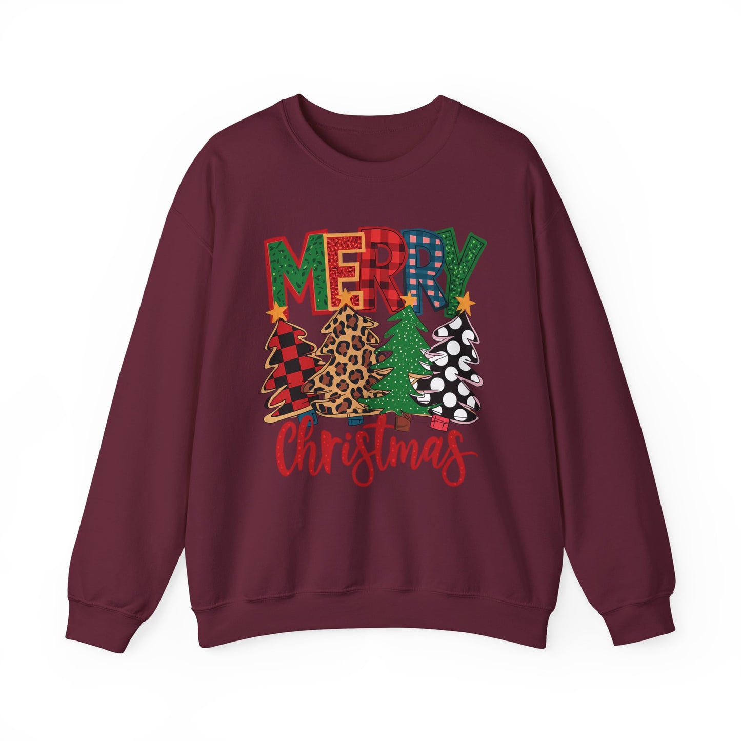 🎄✨ Merry Christmas Trees Sweatshirt – Bold Patterns & Festive Cheer