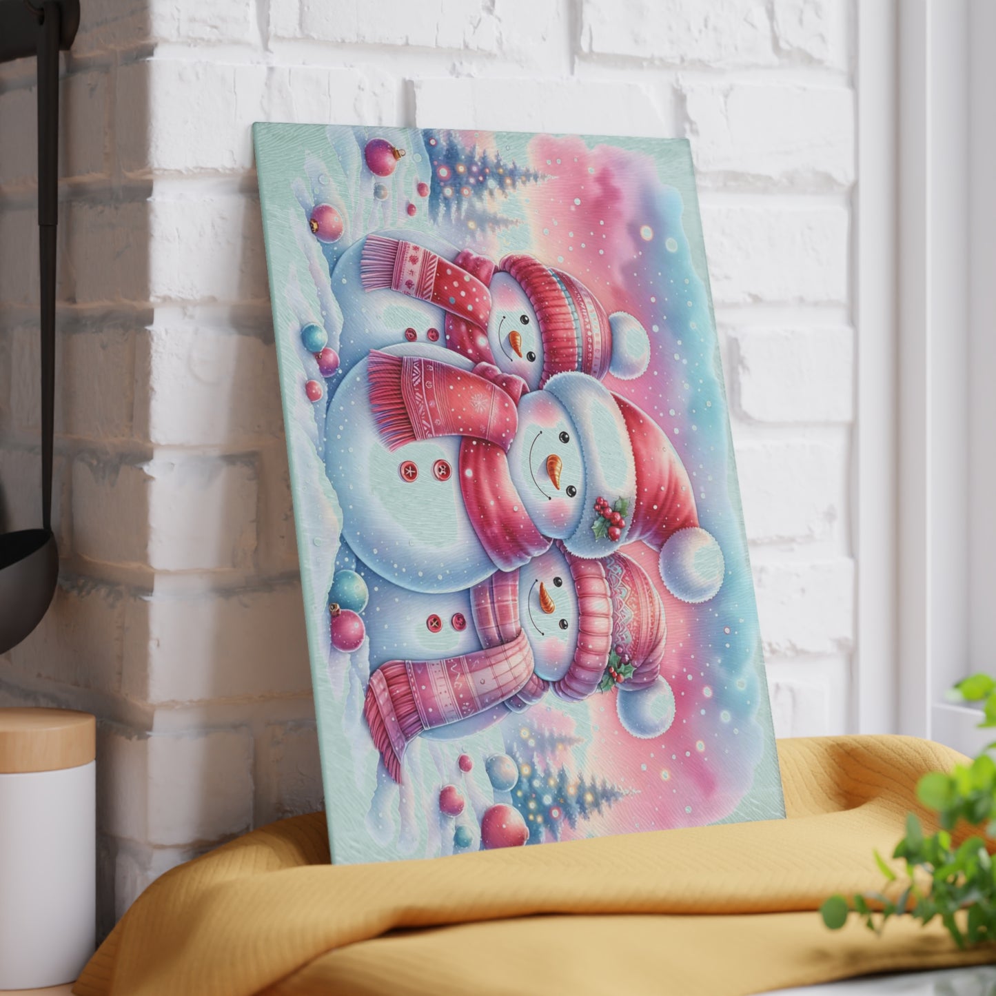 ⛄️🎀 “Pink Scarf Snowman Trio” Glass Cutting Board – Cozy Charm for Your Kitchen