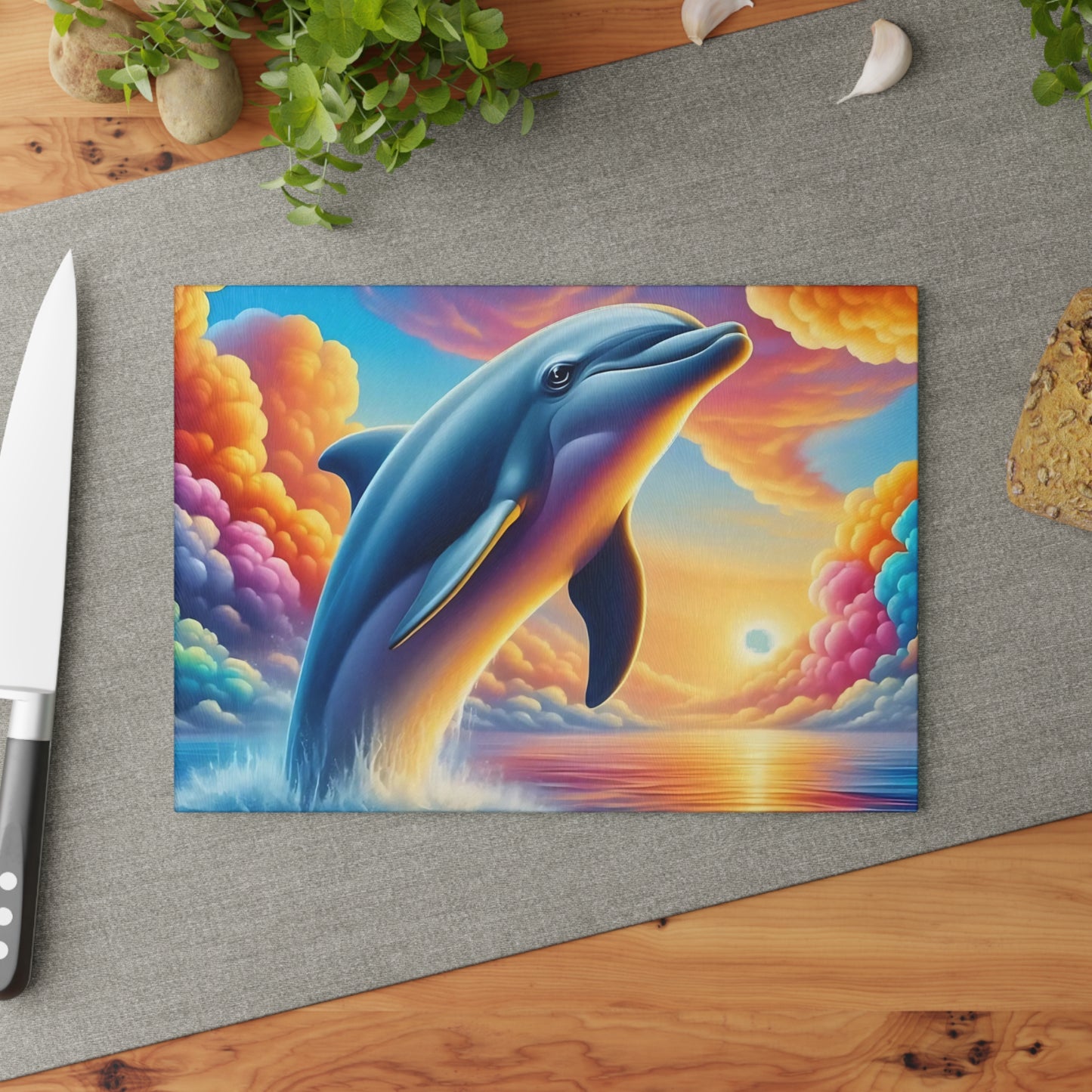 Happy Dolphin & Rainbow-Colored Clouds Glass Cutting Board – Whimsical Ocean Kitchen Art