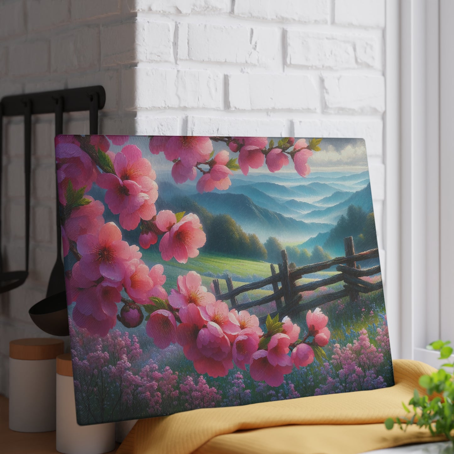 Cherry Blossom Mountain Meadow Glass Cutting Board – Spring Floral Landscape Kitchen Display