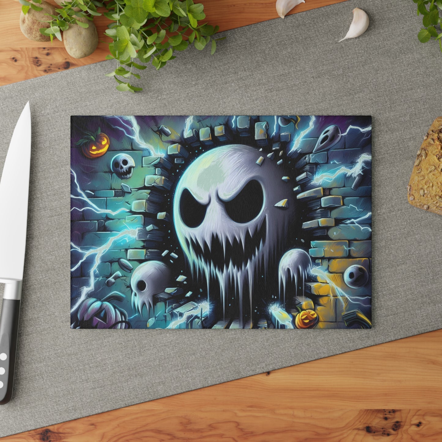 👻 Electric Ghost Face Cutting Board – Haunting Halloween Style with Skulls, Lightning & Bricks ⚡🎃