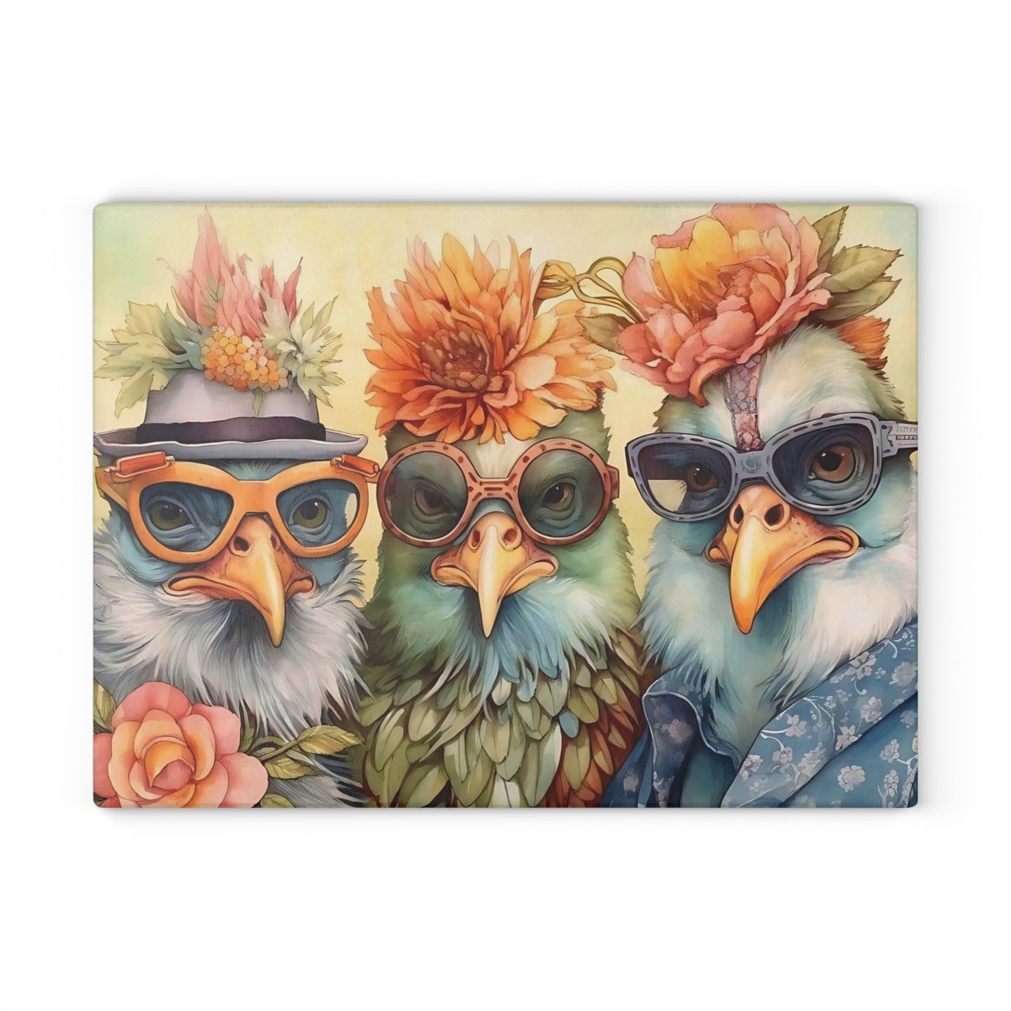 🕶️🌸 Feathered Friends Fun – Whimsical Birds Glass Cutting Board with Style and Sass 🐦