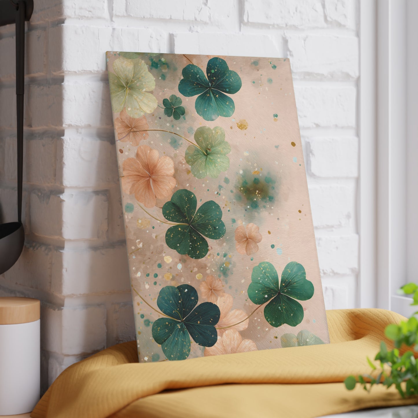 Pastel Shamrock Floral Glass Cutting Board – Soft Irish Clover Spring Kitchen Art