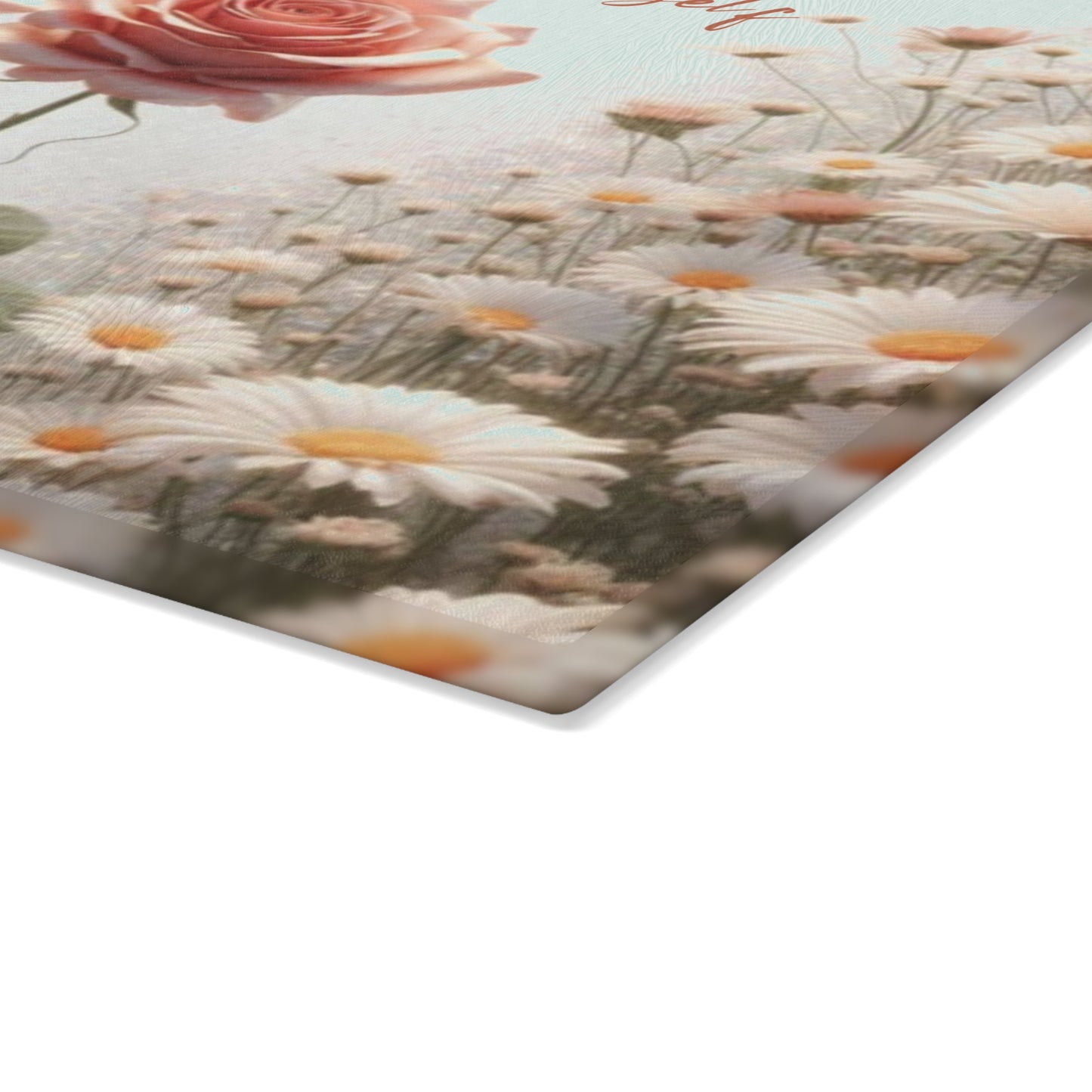 Tabla de cortar de vidrio "Está bien ser tú mismo" - Rosa rosa única en un campo de margaritas, regalo único, tabla de cortar de vidrio, tabla de charcutería, tabla de cortar personalizada, flores