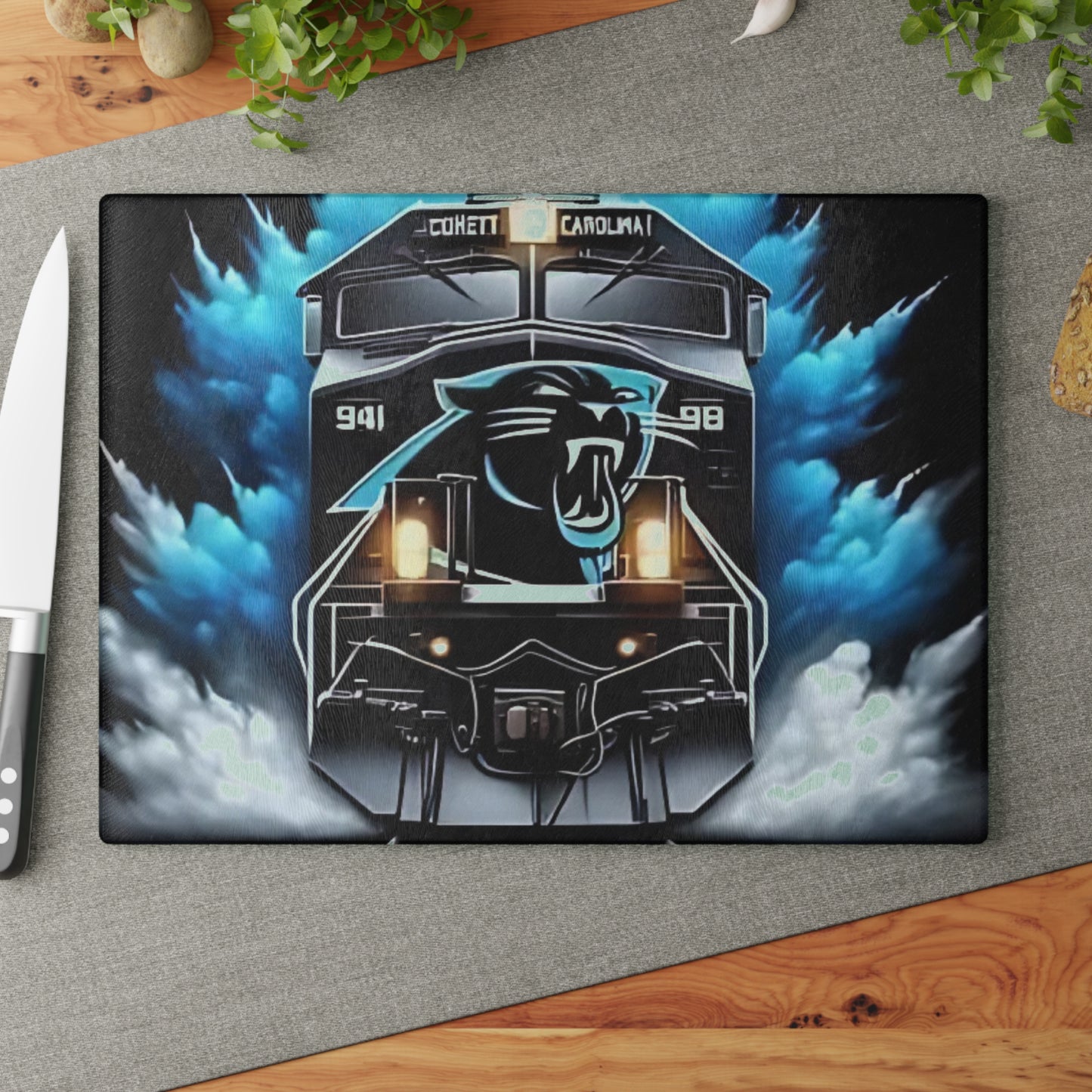 Panther Blue & Black Express Glass Cutting Board – Sleek Train Art for Bold Modern Kitchens