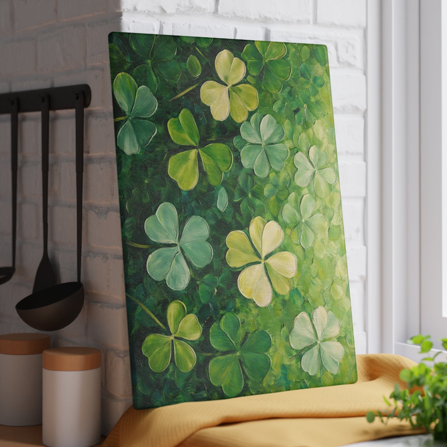 Shamrock Meadow Glass Cutting Board – Painterly Green Clover Kitchen Accent