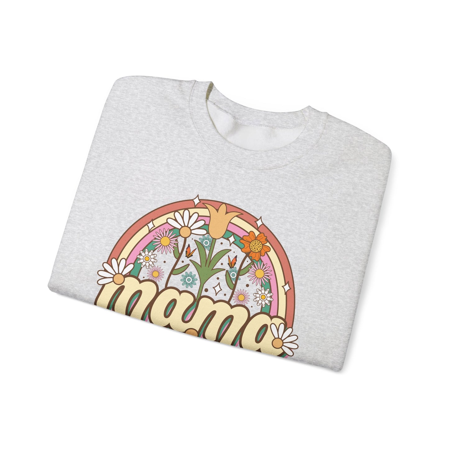 🌼🌈 Retro Floral Mama Sweatshirt – Vintage Rainbow Daisy Mom Crewneck