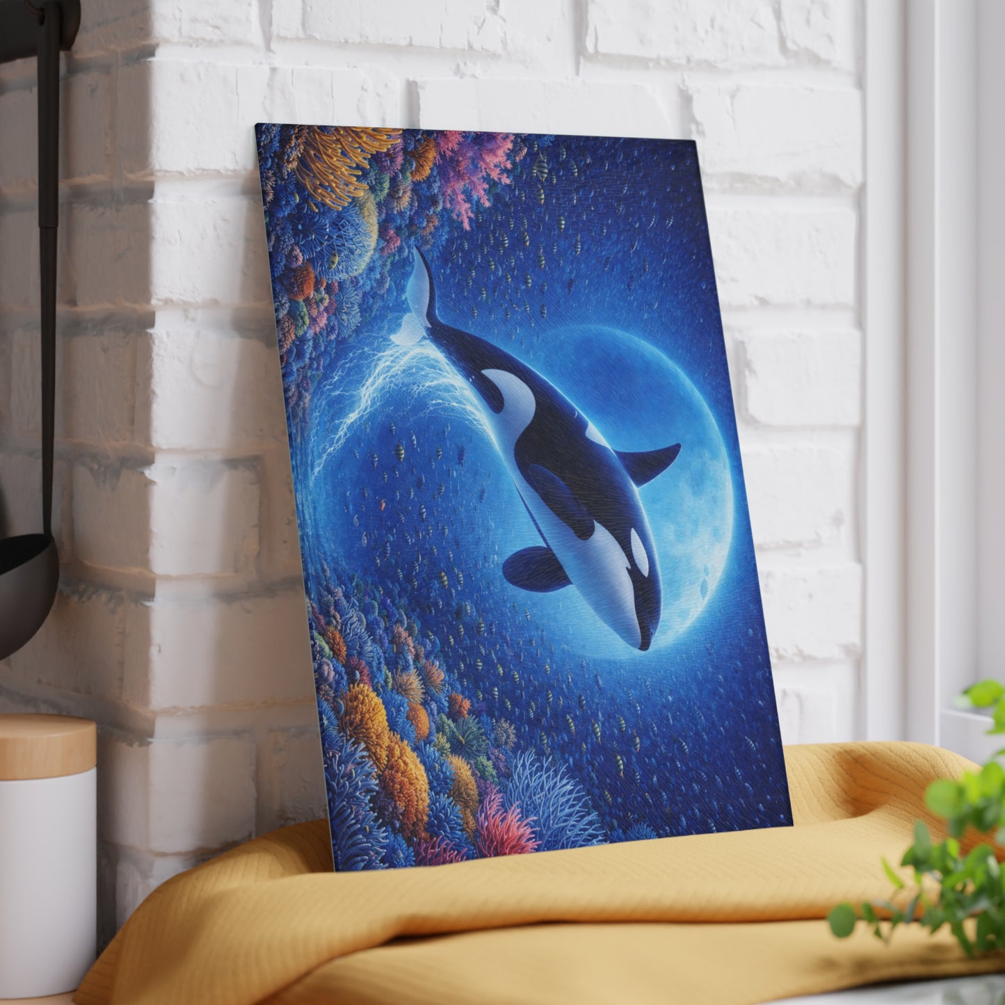 Moonlit Orca Glass Cutting Board – Majestic Ocean Night Artwork