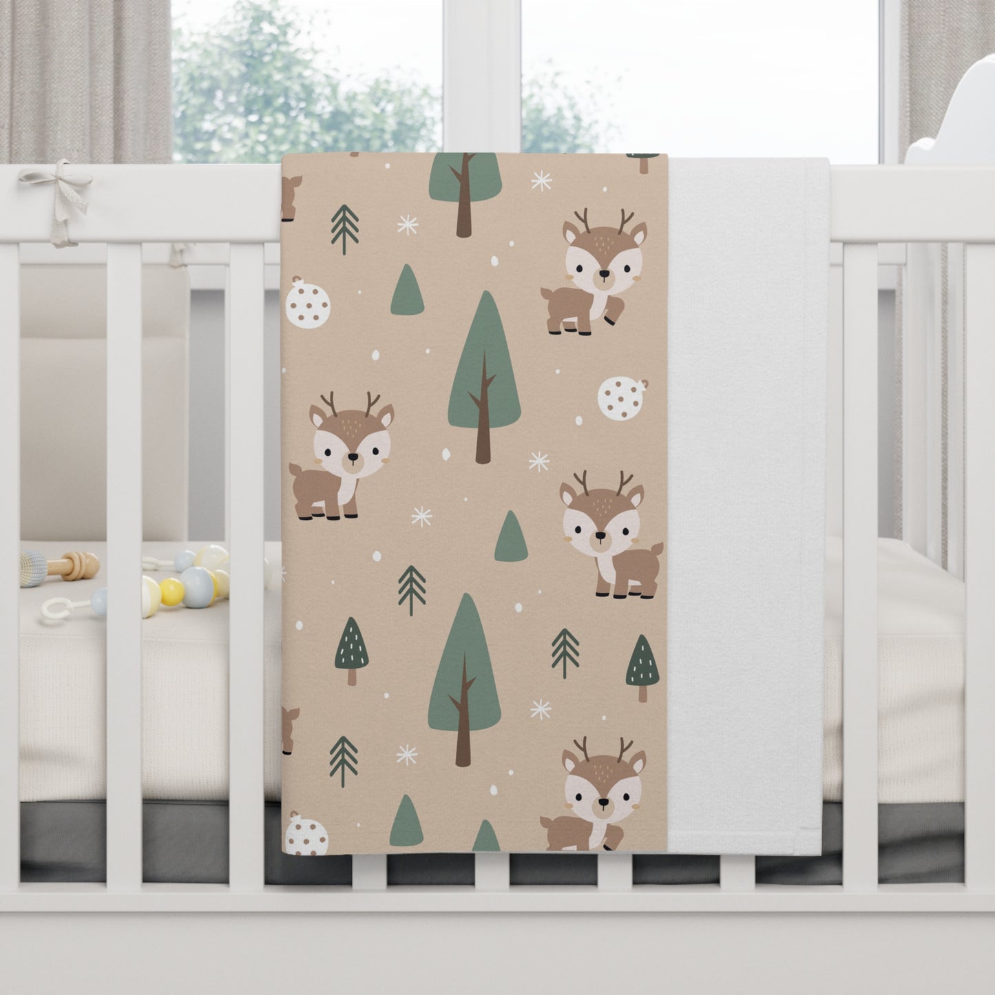 Woodland Fawn Baby Blanket – Ultra-Soft Fleece 30″×40″ | Neutral Forest Trees & Snow