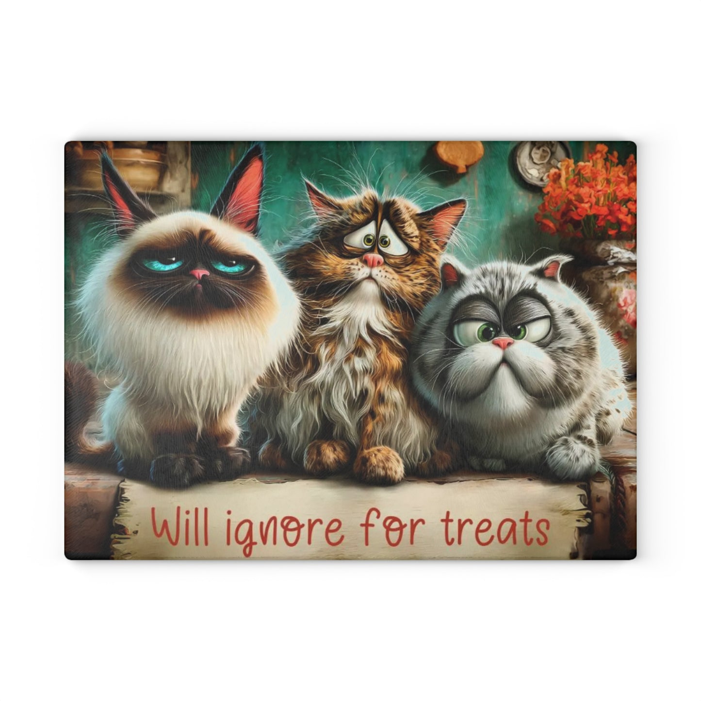 🐾🍪 “Will Ignore for Treats” Glass Cutting Board – Whimsical Cat Lovers Kitchen Décor