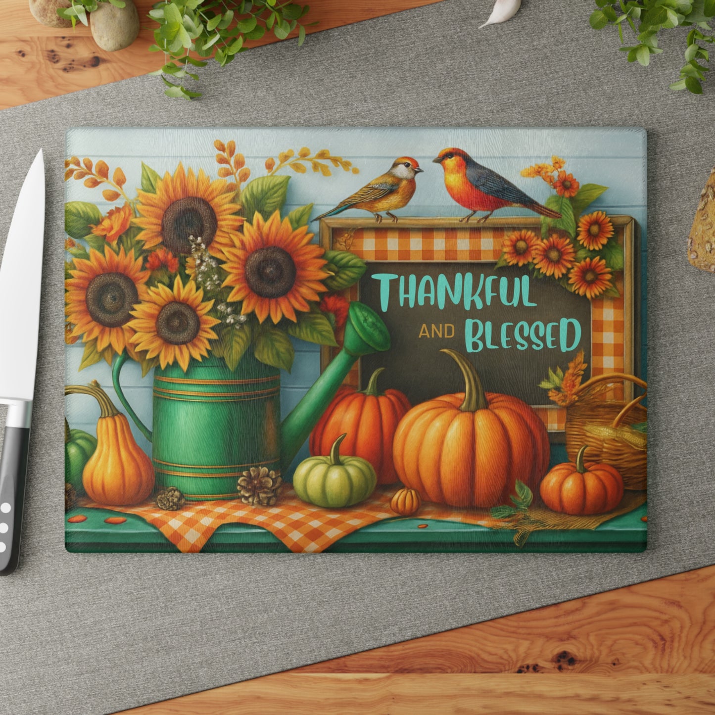 🍂🌻 “Thankful & Blessed Harvest” Tempered Glass Board – Sunny Fall Kitchen Cheer
