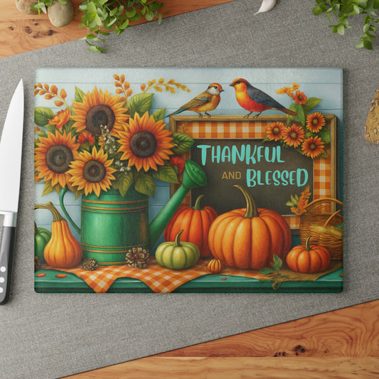 🍂🌻 “Thankful & Blessed Harvest” Tempered Glass Board – Sunny Fall Kitchen Cheer