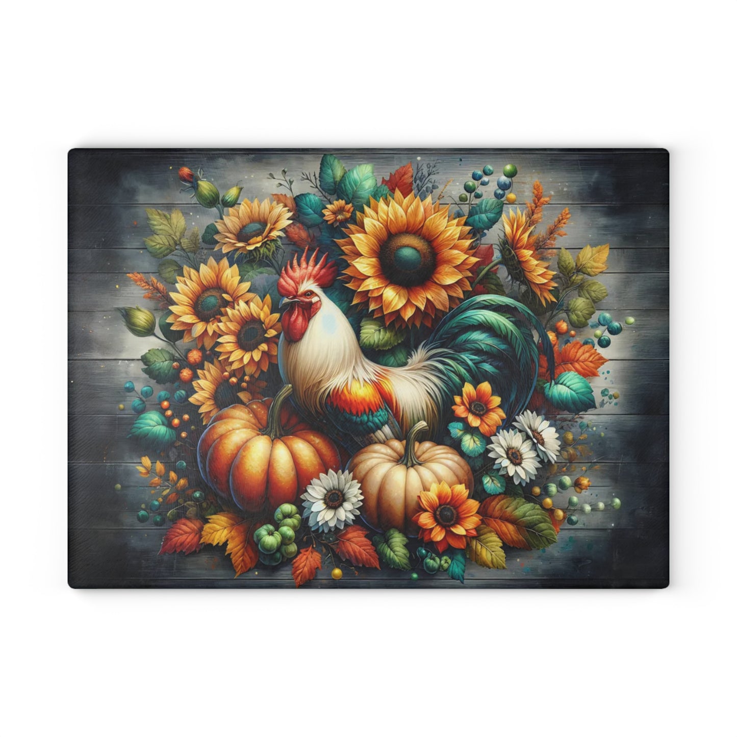 🐓🌻 “Harvest Rooster & Sunflowers” Glass Cutting Board – Cozy Autumn Charm for Your Kitchen