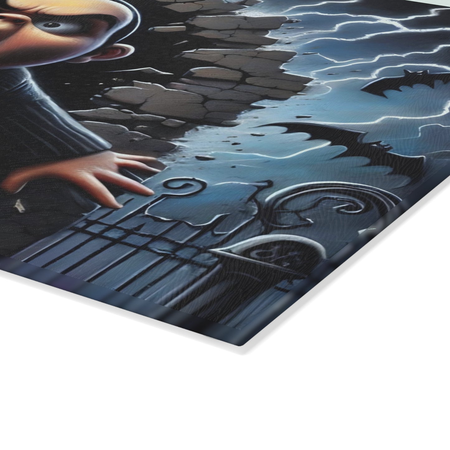 🦇 Screaming Darkling Cutting Board – Gothic Cartoon Chaos with Bats, Lightning & Broken Walls ⚡🍽️