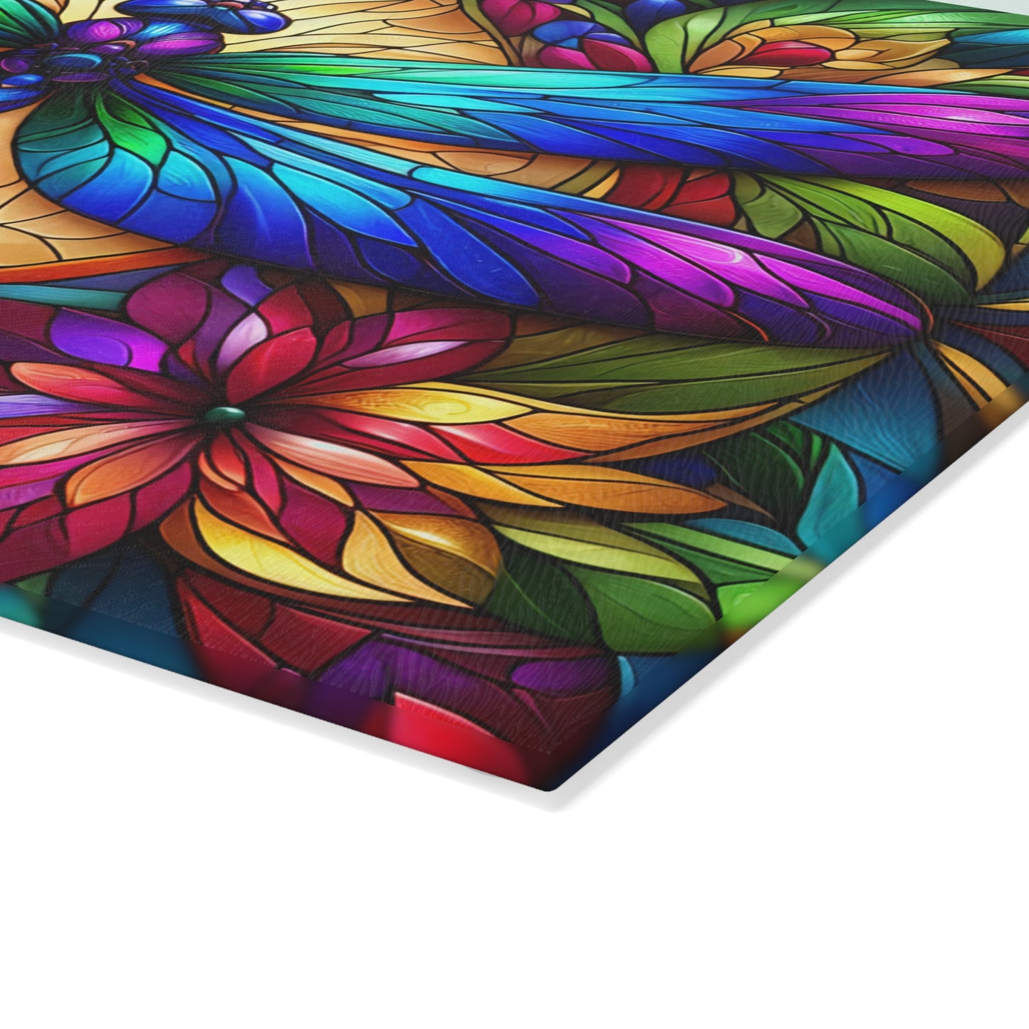 Stained Glass Dragonfly Glass Cutting Board – Colorful Botanical Art Kitchen Display