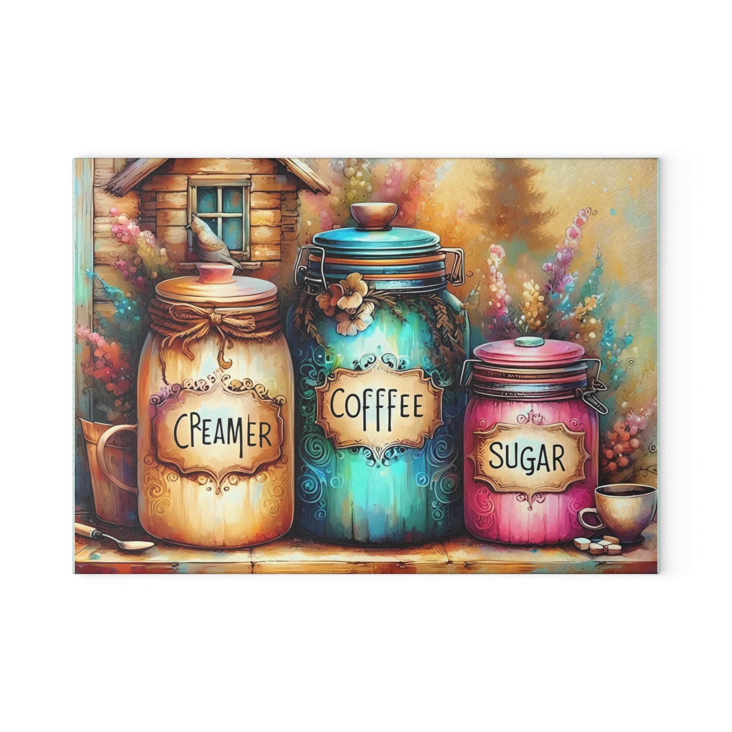 Farmhouse Canister Glass Cutting Board – Coffee, Sugar & Creamer Display