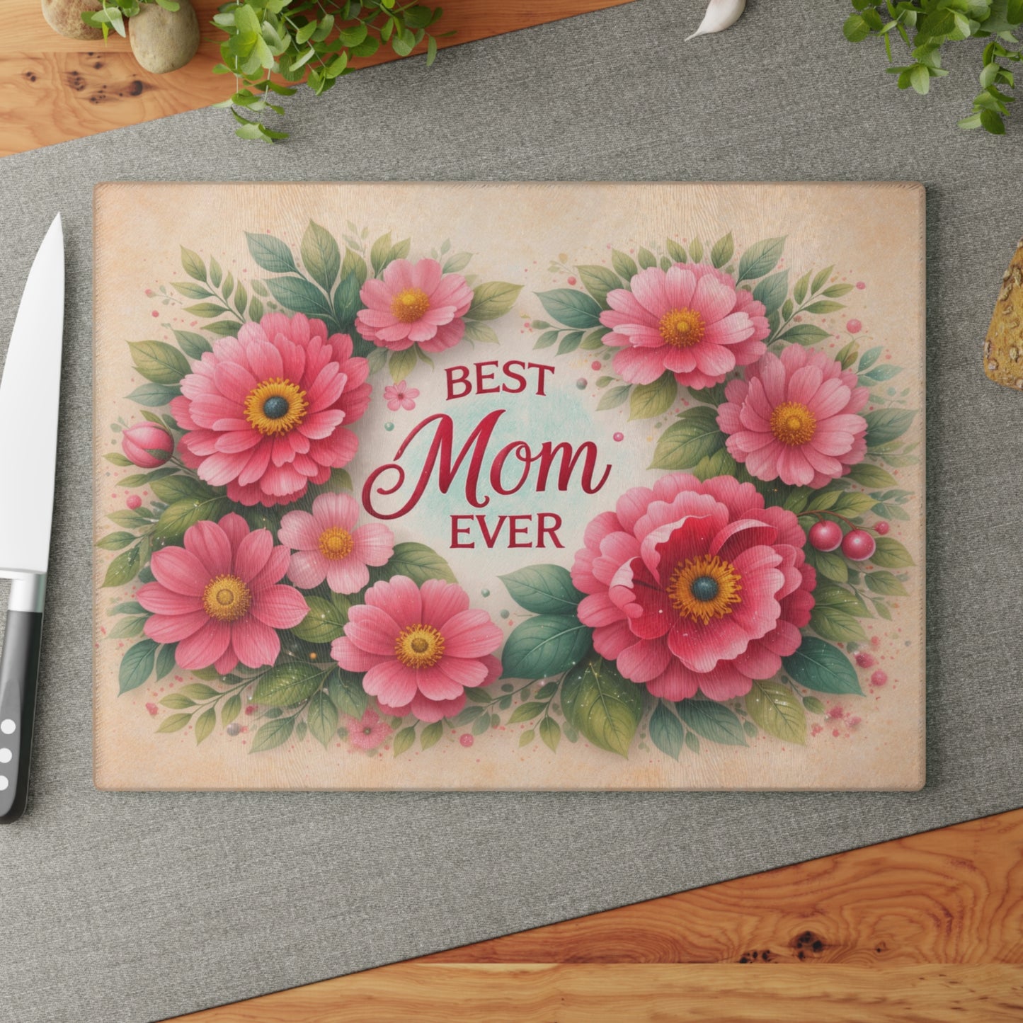 Best Mom Ever Floral Glass Cutting Board – Elegant Kitchen Gift for Her