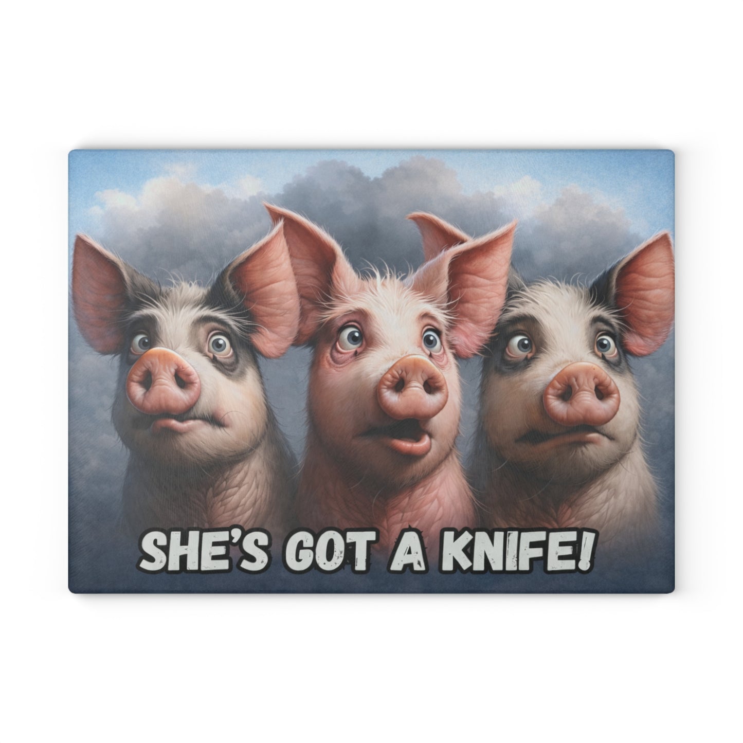 She’s Got a Knife Glass Cutting Board – Funny Pig Kitchen Art with Wide-Eyed Farmhouse Humor