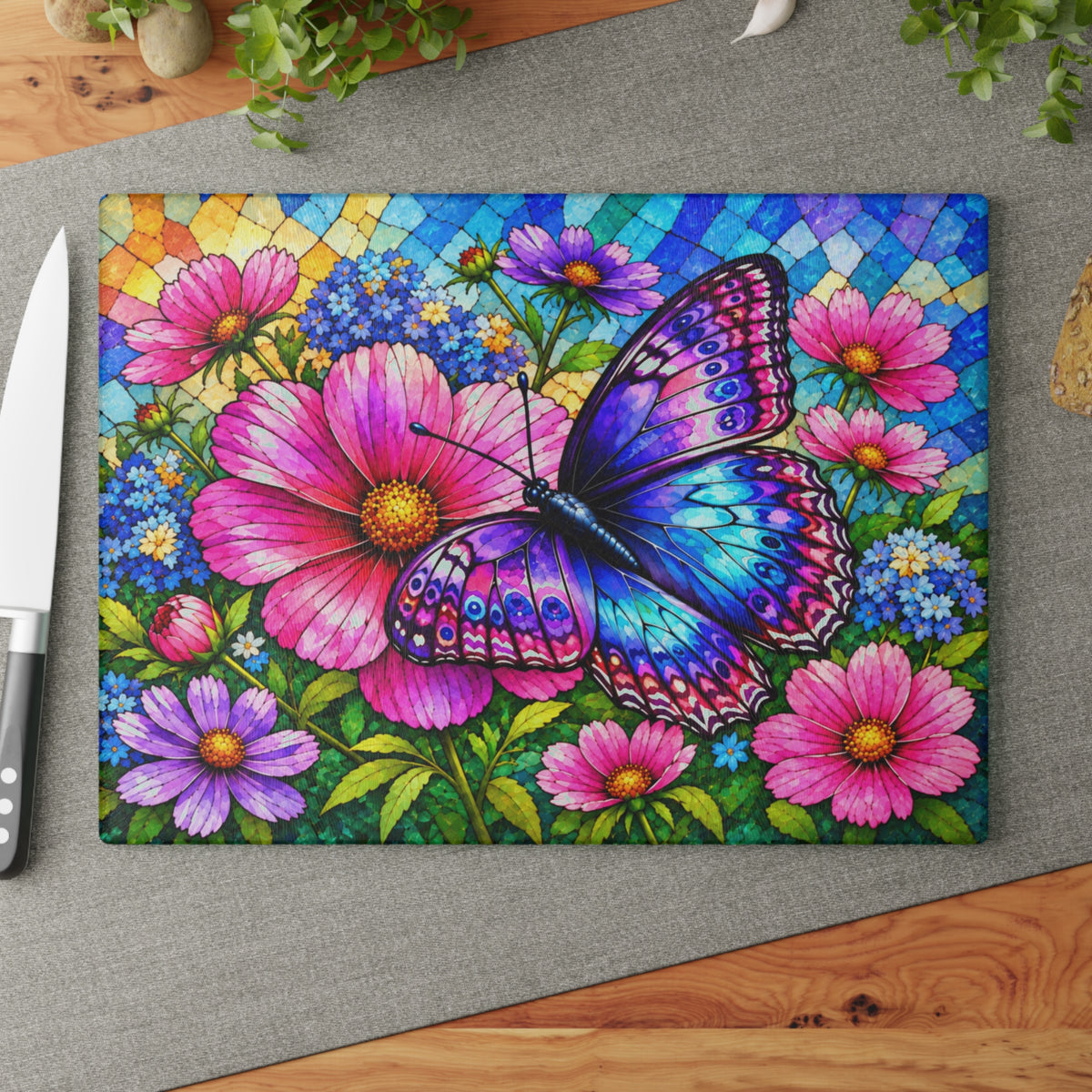Colorful Butterfly & Wildflowers Stained-Glass-Inspired Glass Cutting Board