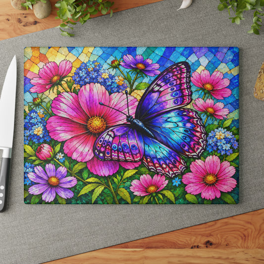 Colorful Butterfly & Wildflowers Stained-Glass-Inspired Glass Cutting Board