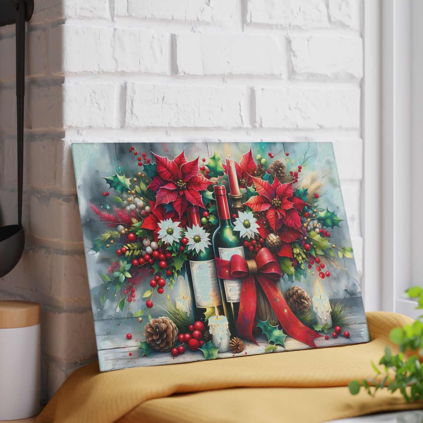 🎁🍷 “Poinsettias & Pinot” Glass Cutting Board – Festive Floral Wine Scene for Your Holiday Kitchen