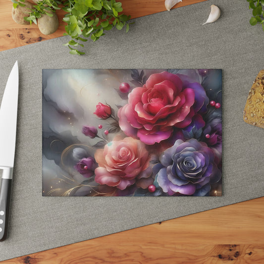 Tabla de cortar de vidrio templado con rosas elegantes: decoración floral para la cocina, regalo único, tabla de cortar de vidrio, tabla para charcutería, tabla de cortar personalizada, flores