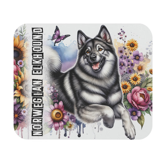 🖱️🐺🌼 Norwegian Elkhound Mouse Pad – Silver Coat Pup with Sunflowers & Florals